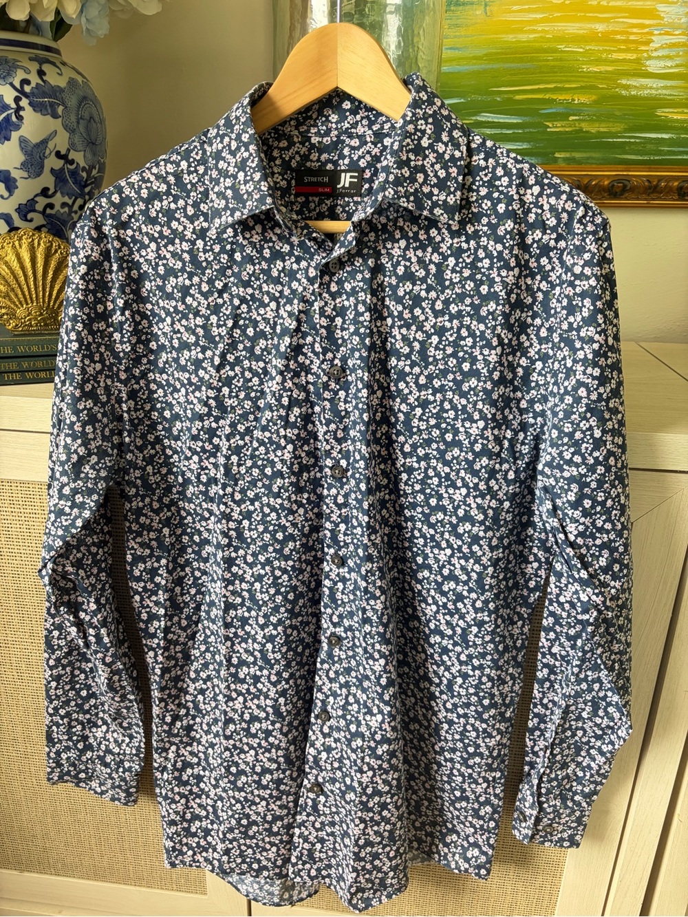 jf j.ferrar Men's Navy Blue Floral Button-Up Shirt